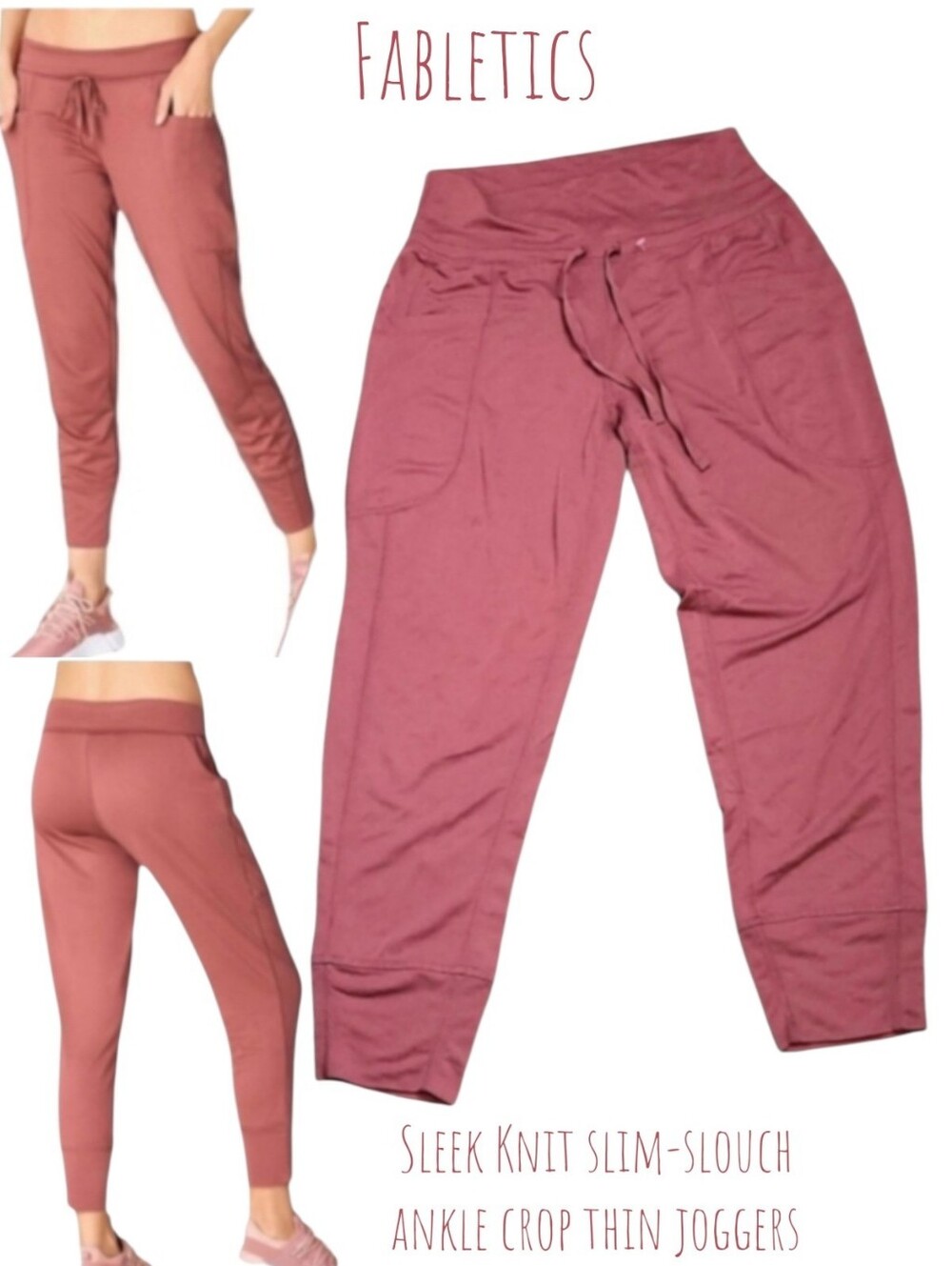 Fabletics Women's Sleek Knit slim-slouch ankle crop thin joggers blush pink xs